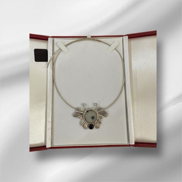 Artisan Sterling Silver Butterfly Necklace Druzy Quartz & Black Onyx – Statement - Picture 8 of 10